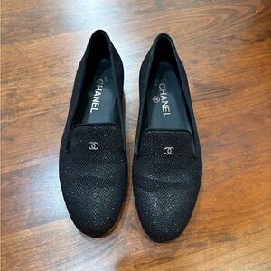Chanel Black Metallic Loafers with Logo